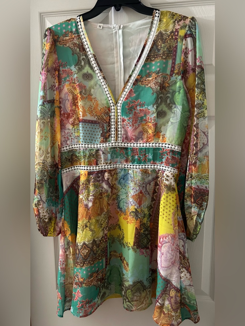 Floral & Paisley Print Lace Insert Plunging Neck Dress